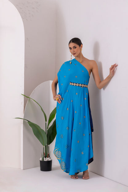 NAVY BLUE GOLD FUSION SAREE DRESS