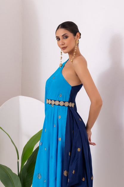 NAVY BLUE GOLD FUSION SAREE DRESS