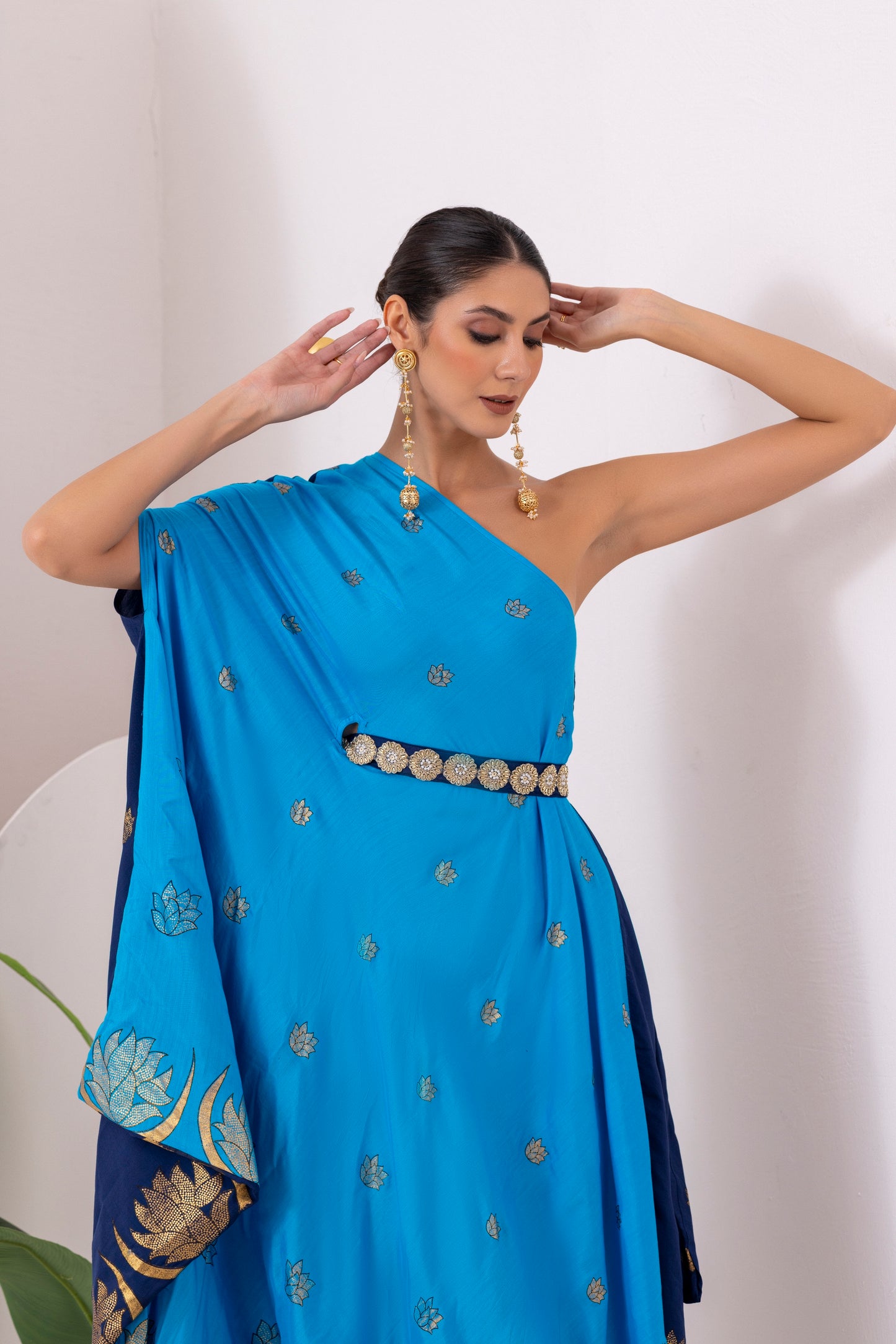 NAVY BLUE GOLD FUSION SAREE DRESS