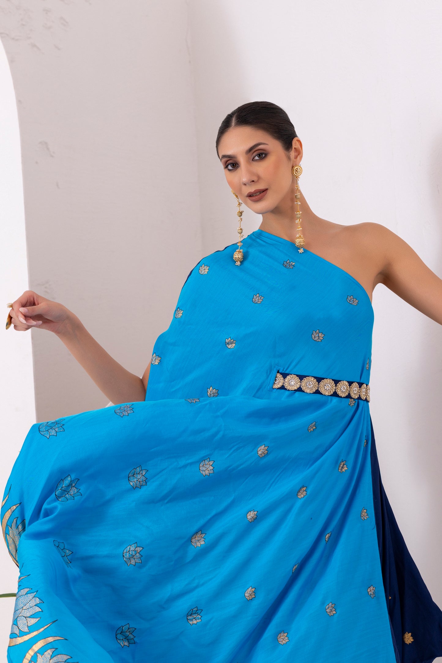 NAVY BLUE GOLD FUSION SAREE DRESS