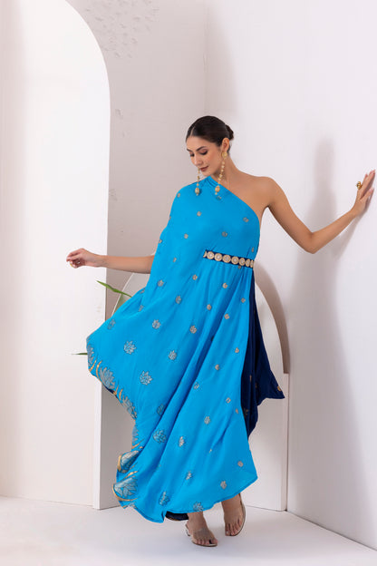 NAVY BLUE GOLD FUSION SAREE DRESS