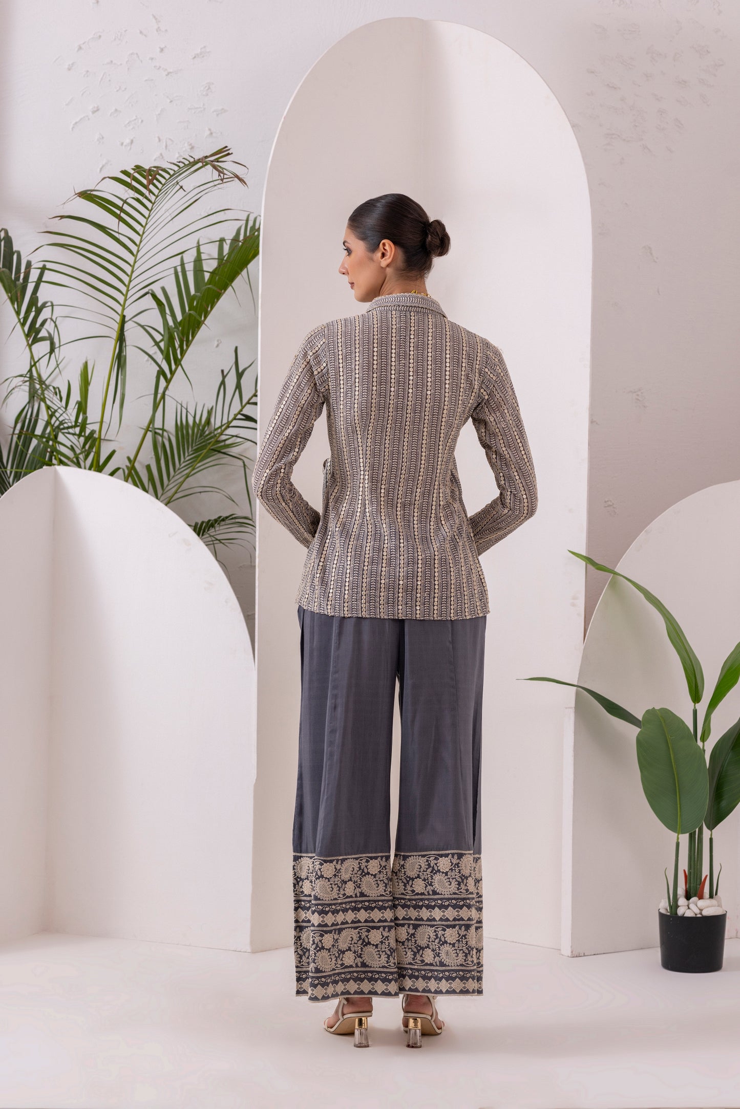 GREY GOLD EMBROIDERED WRAP JACKET FUSION SET