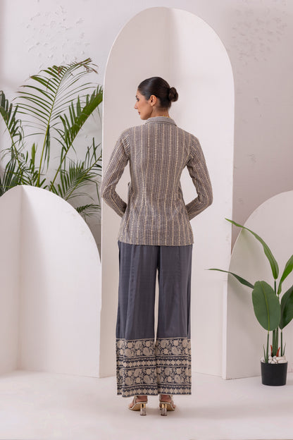 GREY GOLD EMBROIDERED WRAP JACKET FUSION SET
