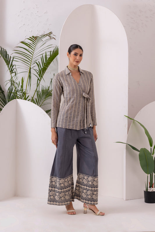 GREY GOLD EMBROIDERED WRAP JACKET FUSION SET