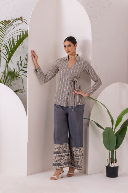 GREY GOLD EMBROIDERED WRAP JACKET FUSION SET