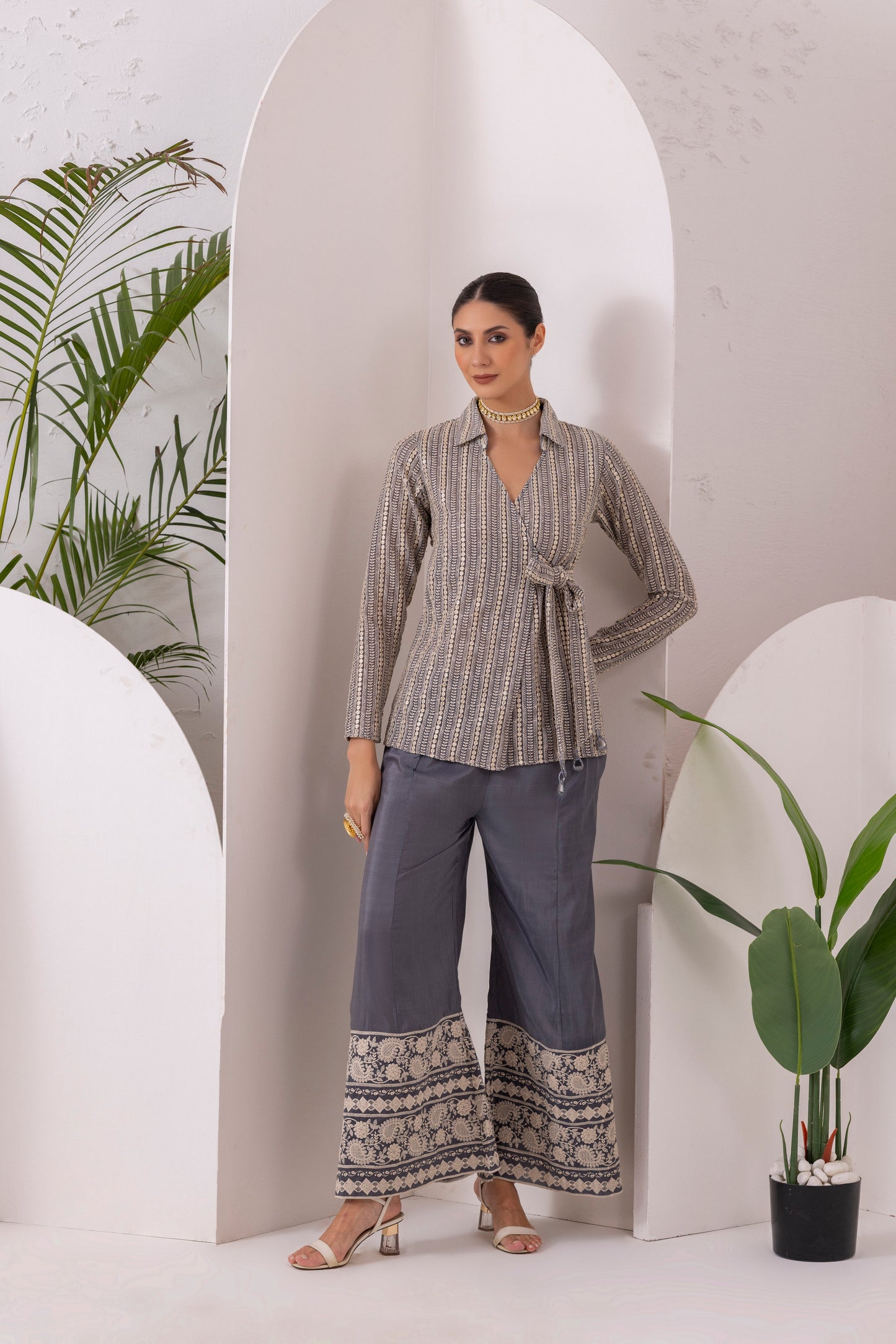 GREY GOLD EMBROIDERED WRAP JACKET FUSION SET