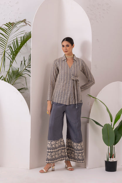GREY GOLD EMBROIDERED WRAP JACKET FUSION SET