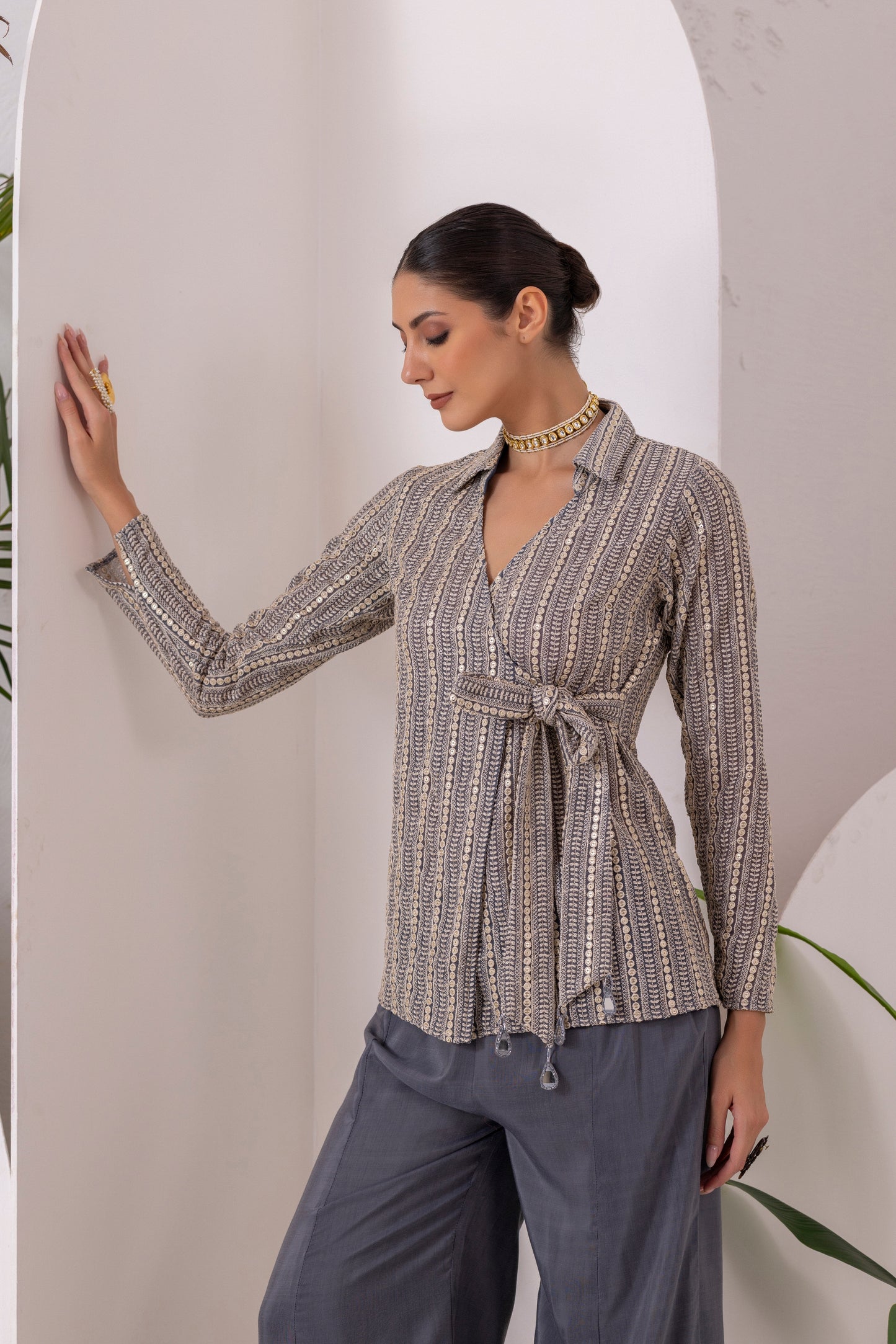 GREY GOLD EMBROIDERED WRAP JACKET FUSION SET