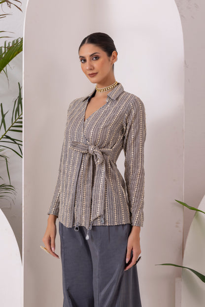GREY GOLD EMBROIDERED WRAP JACKET FUSION SET