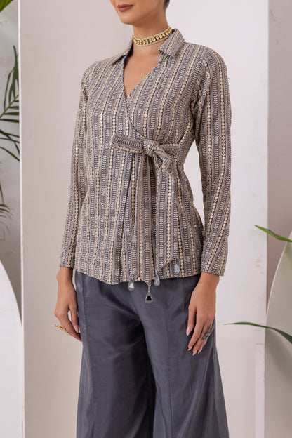 GREY GOLD EMBROIDERED WRAP JACKET FUSION SET