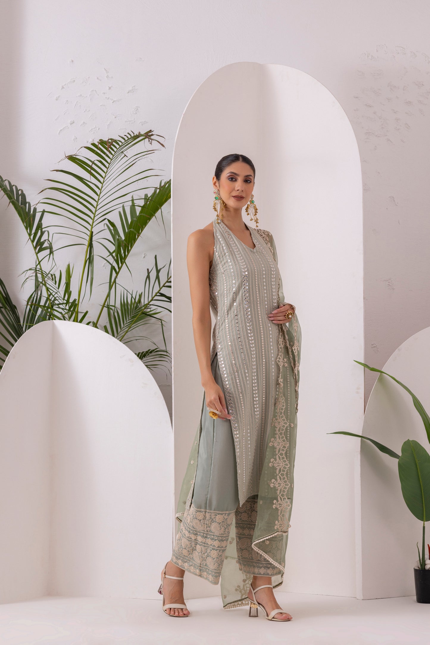 MINT SEQUENCE EMBROIDERED HALTER SUIT SET