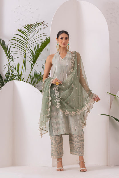 MINT SEQUENCE EMBROIDERED HALTER SUIT SET
