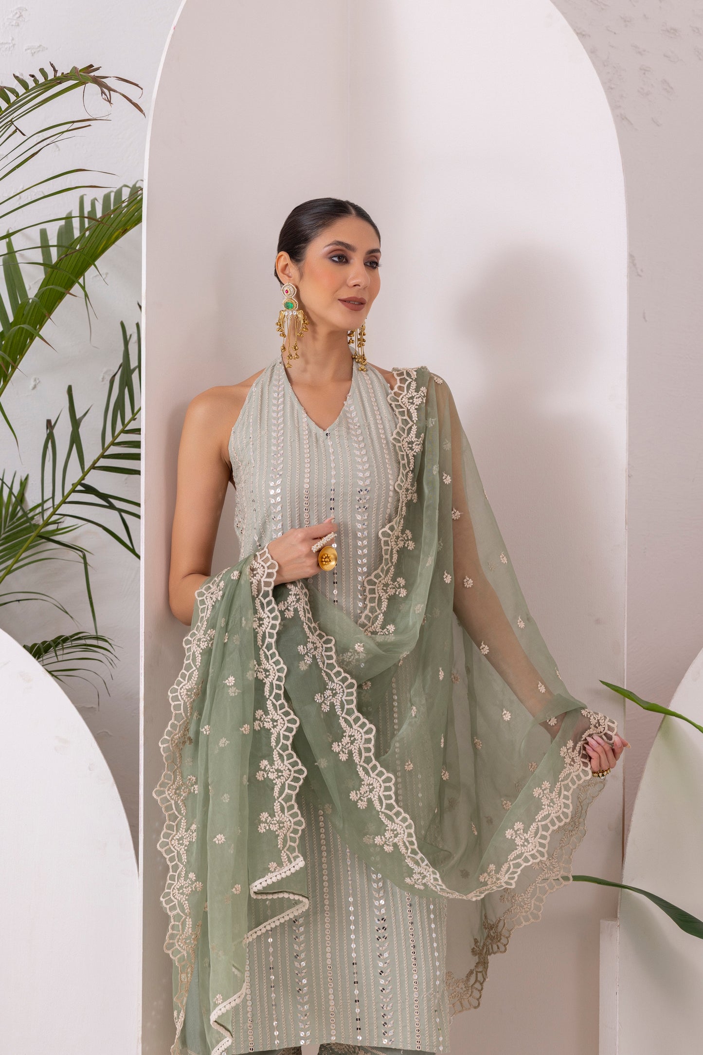 MINT SEQUENCE EMBROIDERED HALTER SUIT SET