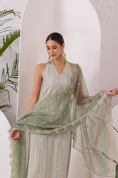 MINT SEQUENCE EMBROIDERED HALTER SUIT SET