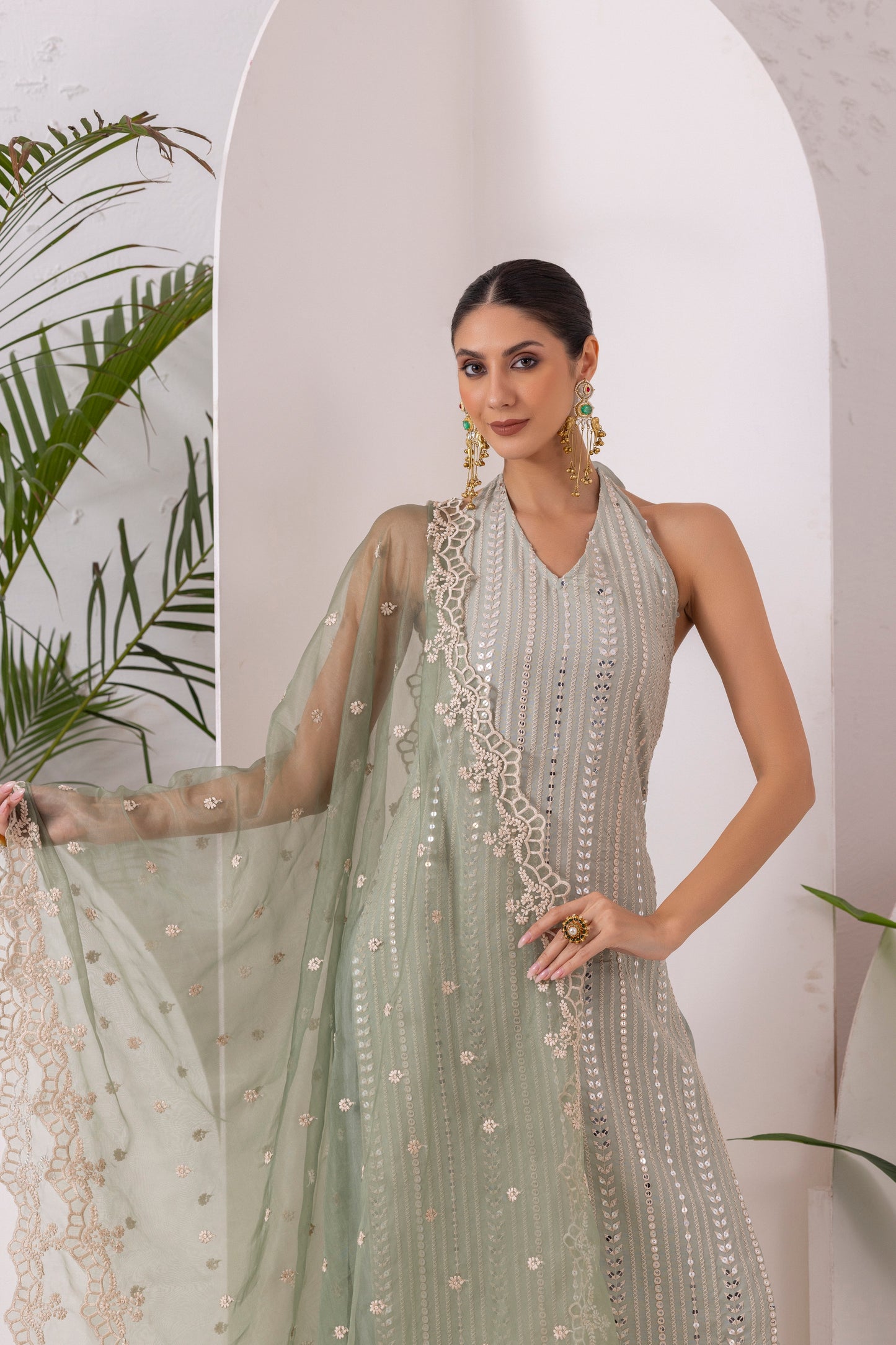 MINT SEQUENCE EMBROIDERED HALTER SUIT SET