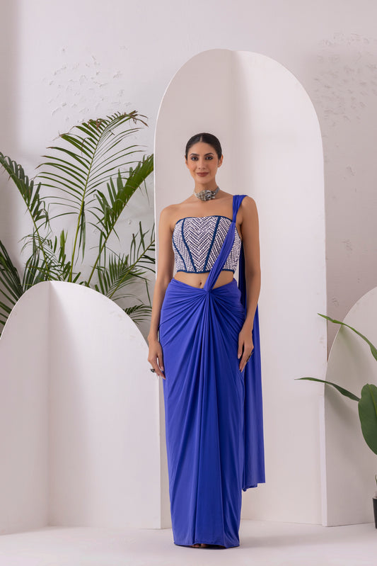 Navy Blue Pre Draped Saree
