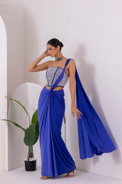 Navy Blue Pre Draped Saree