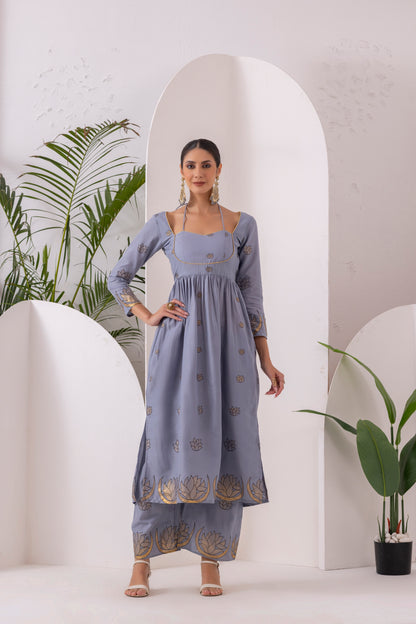 GREY GOLD PRINTED SUIT SET