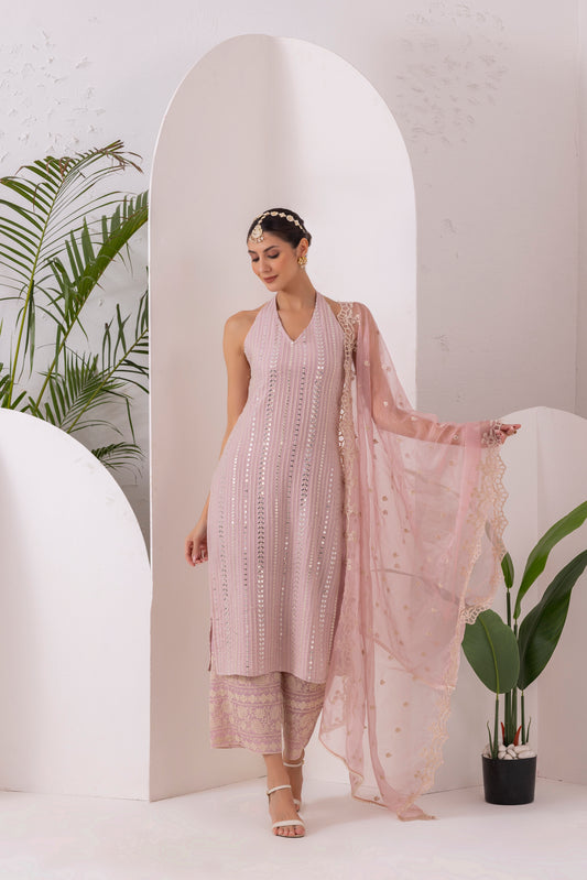 PINK SEQUENCE EMBROIDERED HALTER SUIT SET