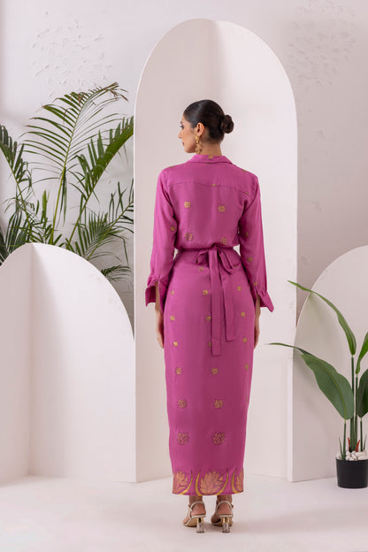 Purple Gold Printed Shirt and Knot Skirt Set