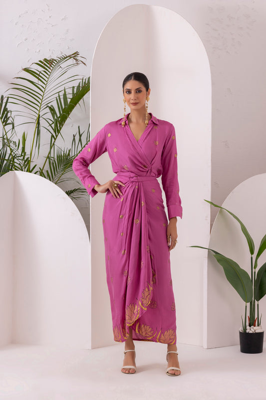 Purple Gold Printed Shirt and Knot Skirt Set