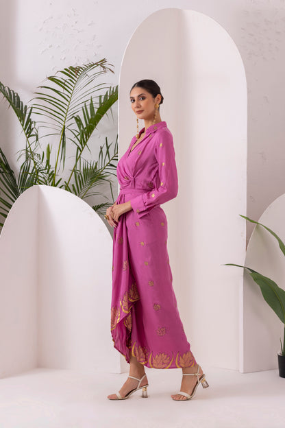 Purple Gold Printed Shirt and Knot Skirt Set