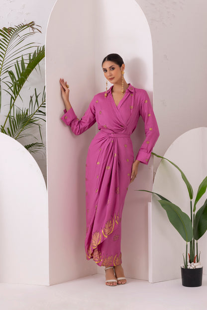 Purple Gold Printed Shirt and Knot Skirt Set