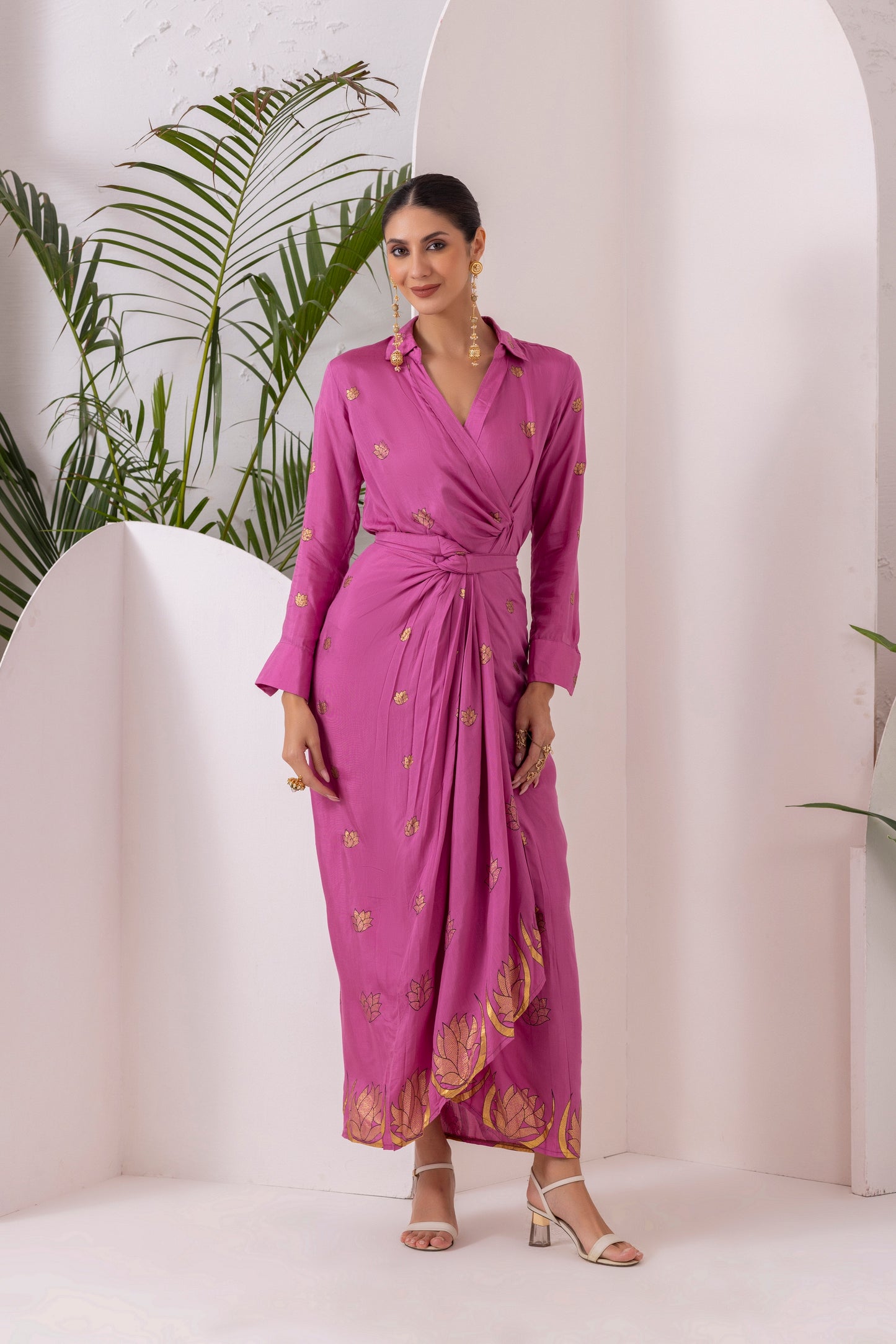 Purple Gold Printed Shirt and Knot Skirt Set