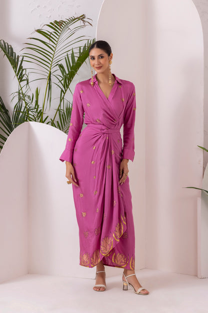 Purple Gold Printed Shirt and Knot Skirt Set