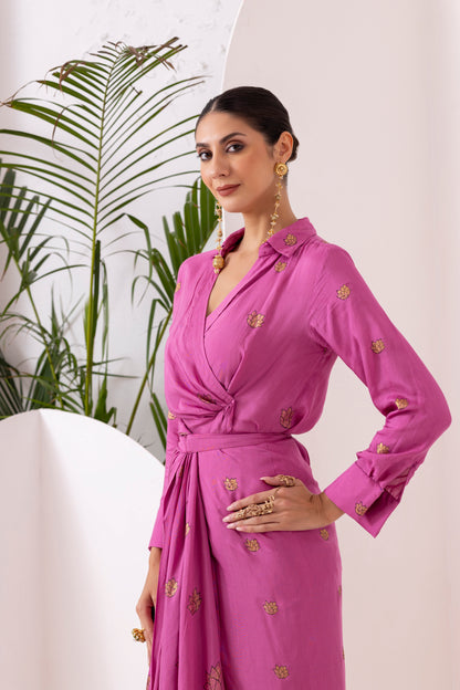 Purple Gold Printed Shirt and Knot Skirt Set