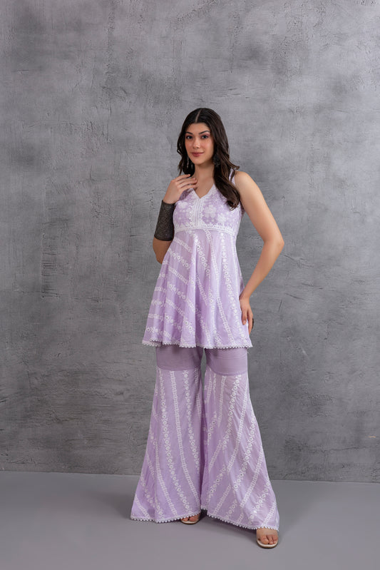 Lilac Bias Cut Floral Embroidered Kurta set