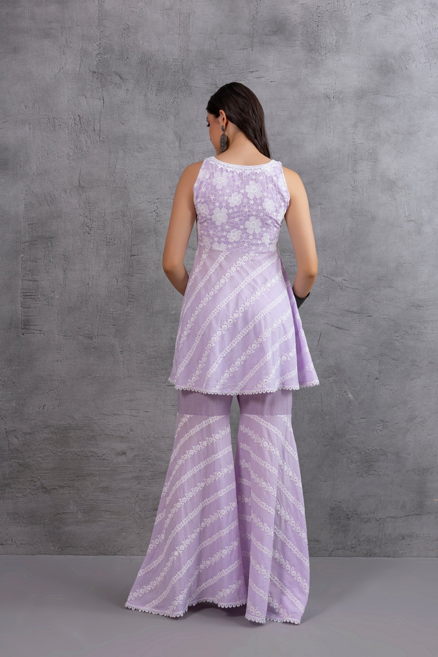 Lilac Bias Cut Floral Embroidered Kurta set