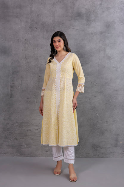 Lemon Lucknowi Chikankari Kurta Set