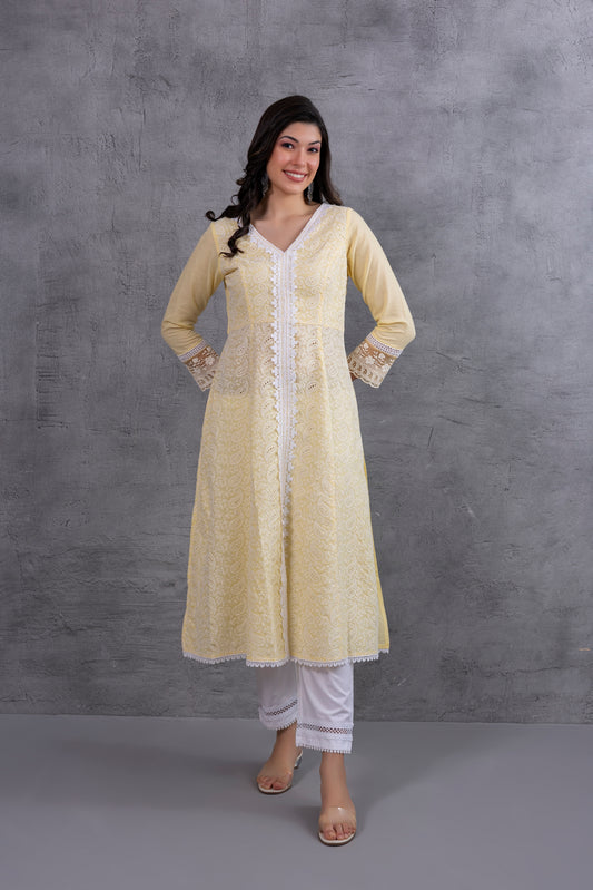 Lemon Lucknowi Chikankari Kurta Set