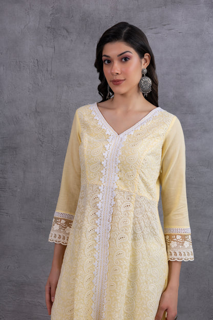 Lemon Lucknowi Chikankari Kurta Set