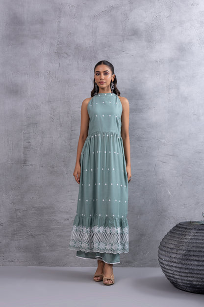 Teal Green Halter Embroidered Kurta Set