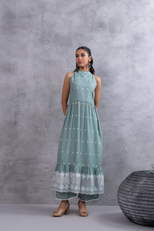 Teal Green Halter Embroidered Kurta Set