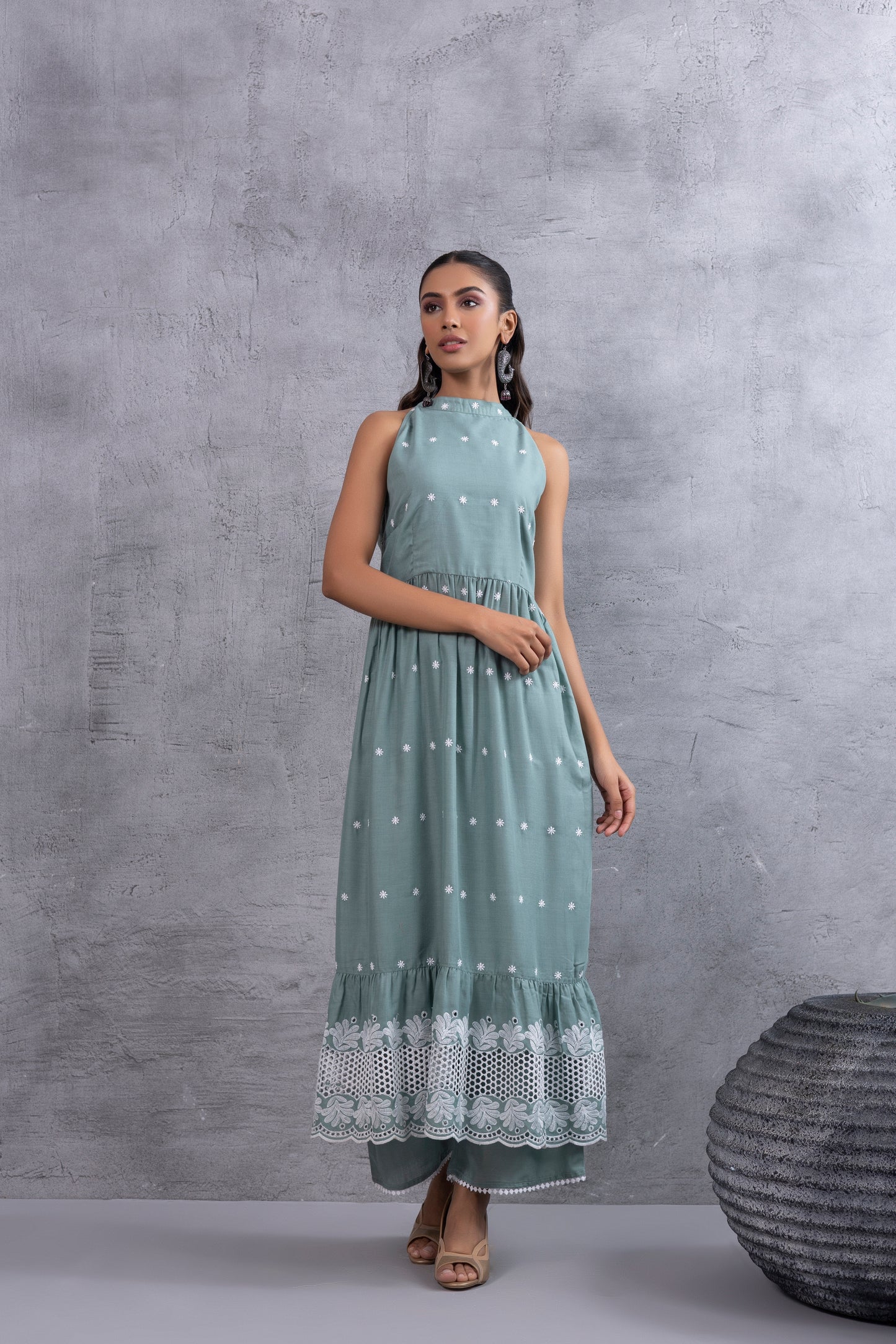 Teal Green Halter Embroidered Kurta Set