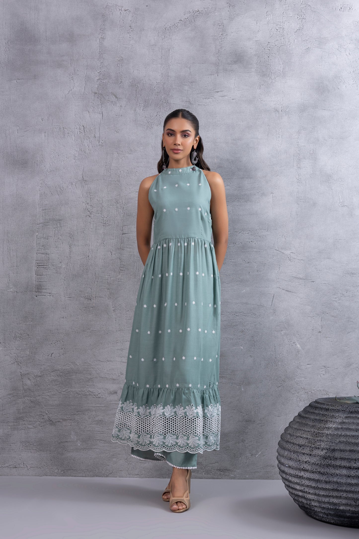 Teal Green Halter Embroidered Kurta Set