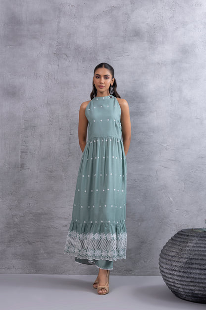 Teal Green Halter Embroidered Kurta Set