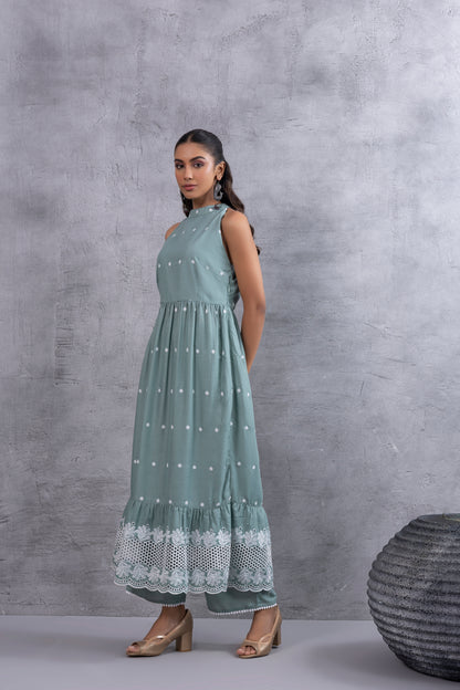 Teal Green Halter Embroidered Kurta Set