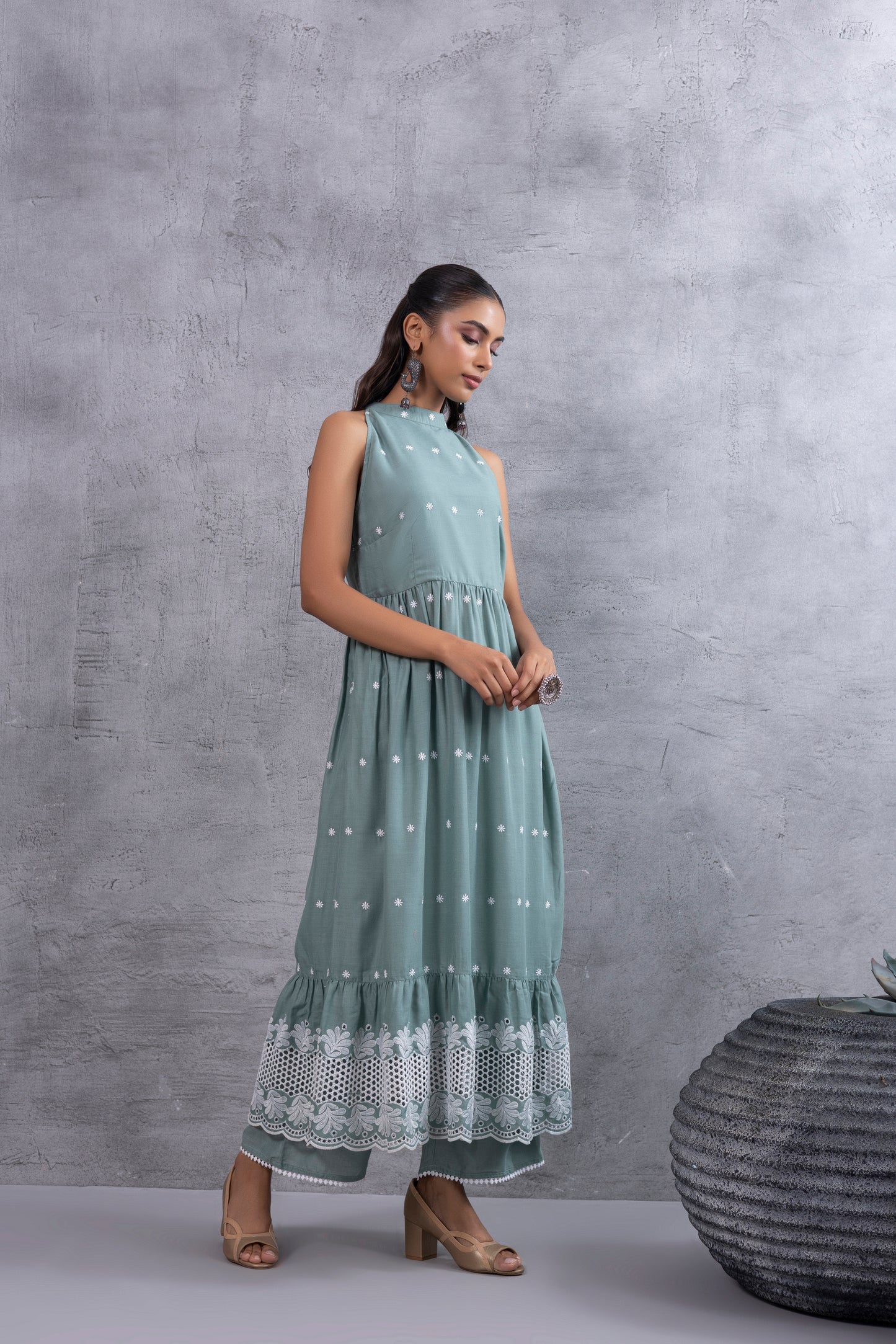 Teal Green Halter Embroidered Kurta Set