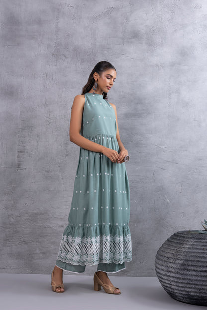 Teal Green Halter Embroidered Kurta Set