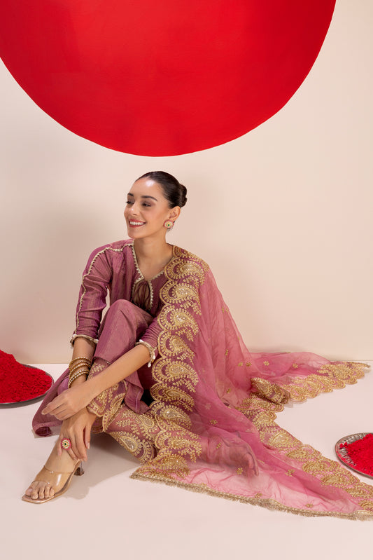 Mauve Pink and Gold Crinkled Tissue Dupatta