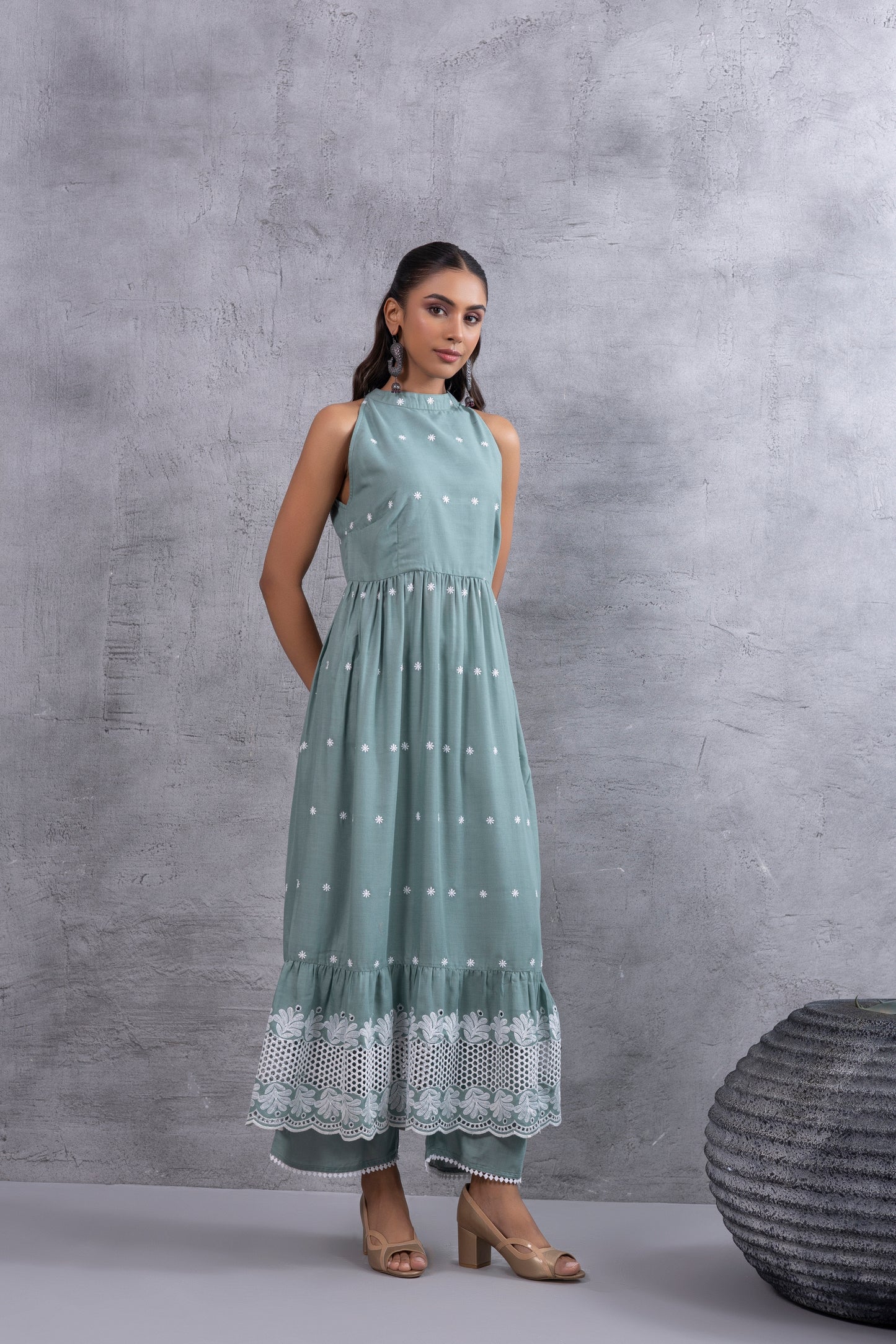 Teal Green Halter Embroidered Kurta Set