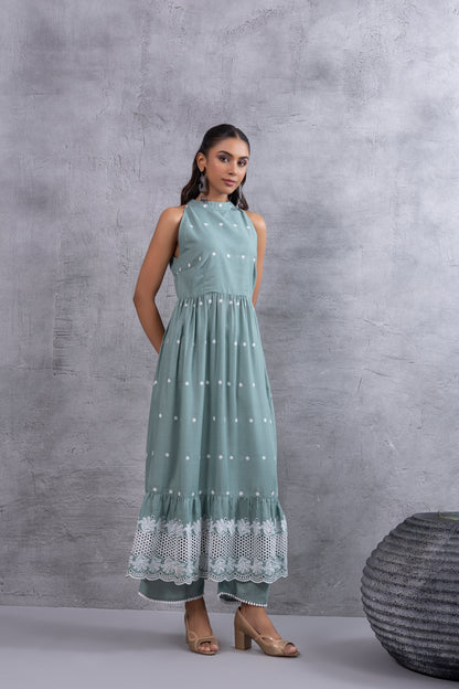 Teal Green Halter Embroidered Kurta Set