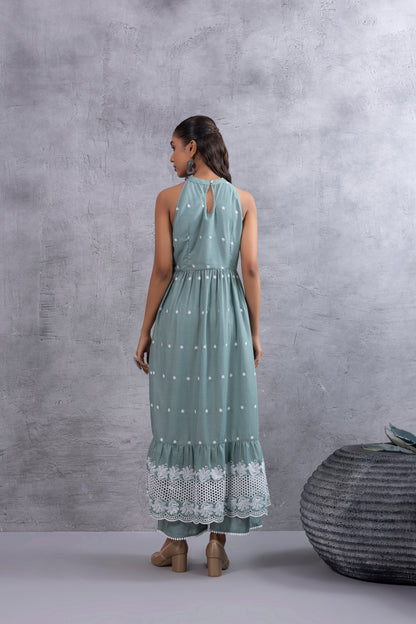 Teal Green Halter Embroidered Kurta Set