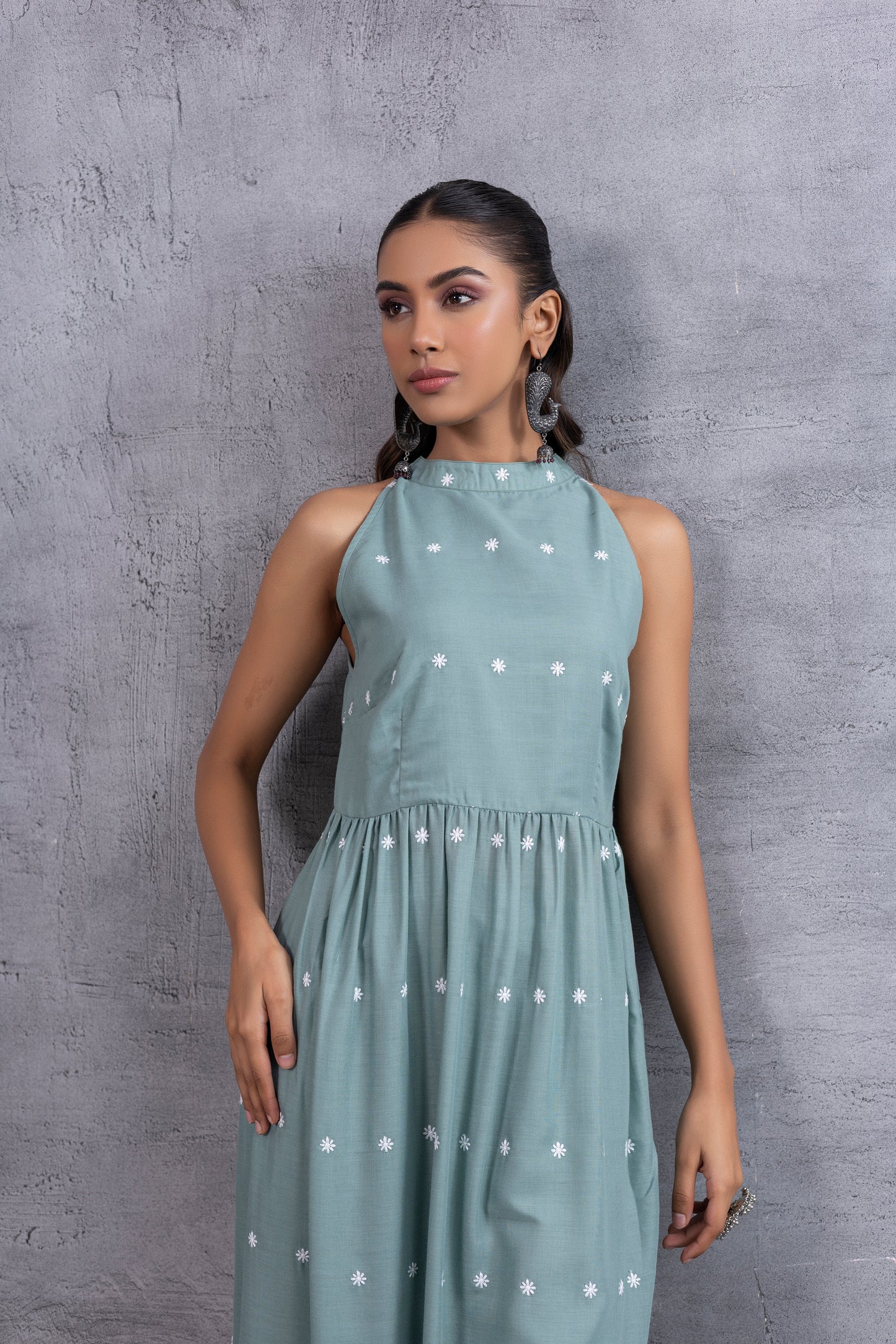 Teal Green Halter Embroidered Kurta Set