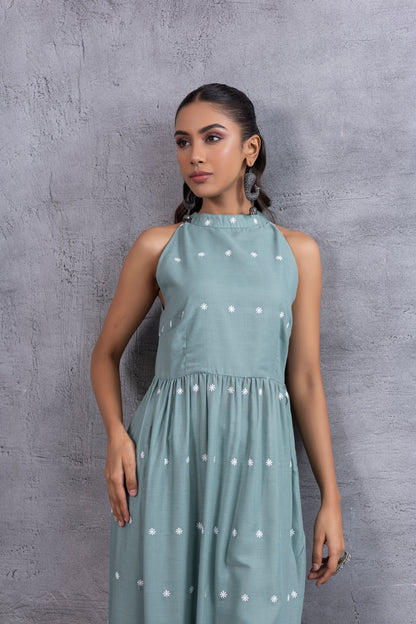 Teal Green Halter Embroidered Kurta Set