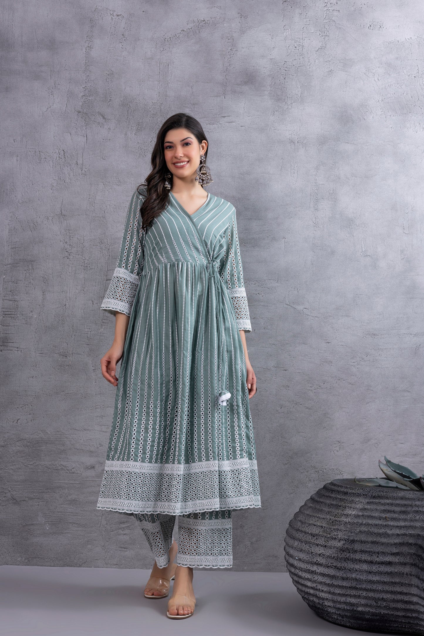 Dusty Sage Green Angrakha Style Chikankari Kurta set